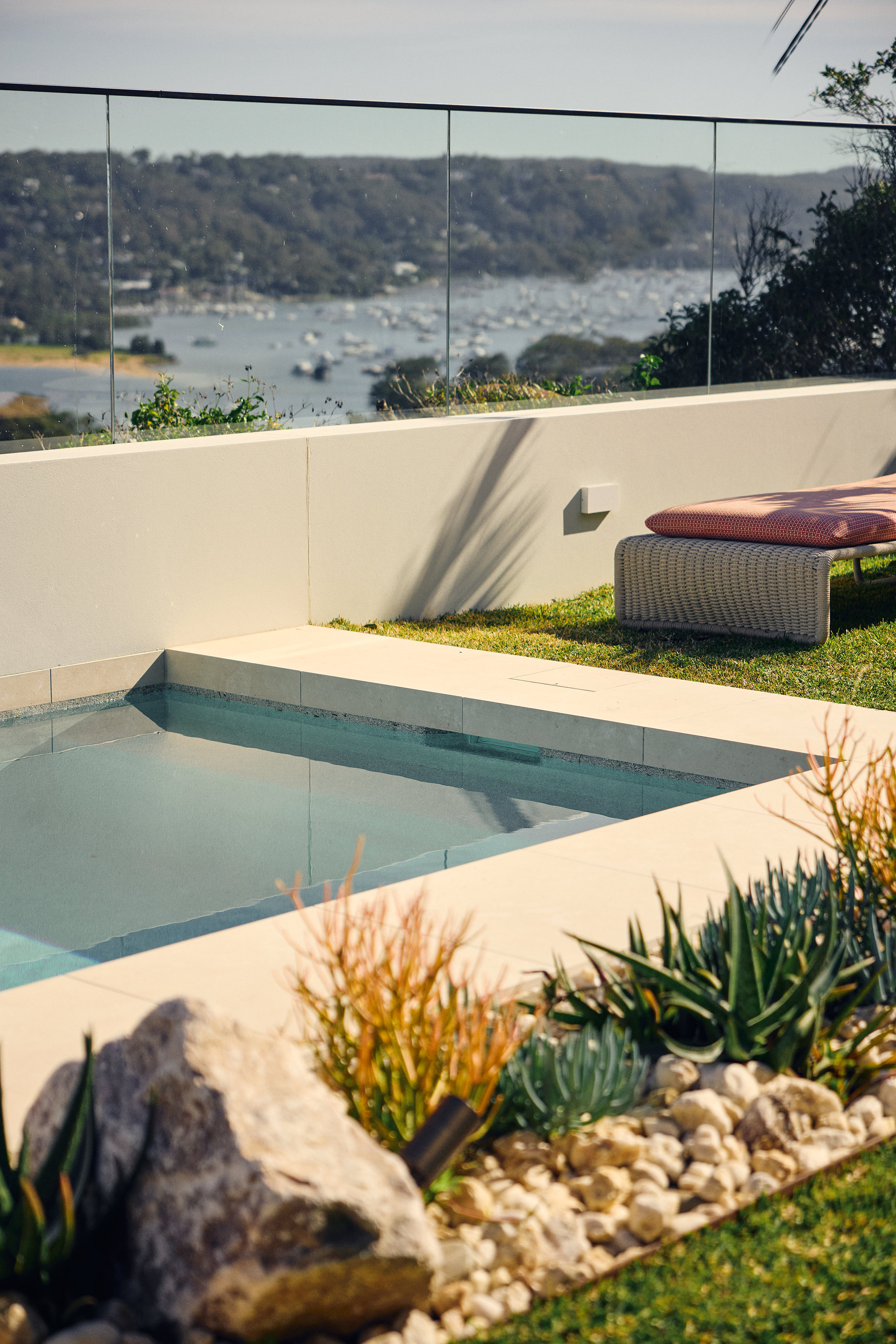 Palme Hus, pool and planting, Pittwater beyond
