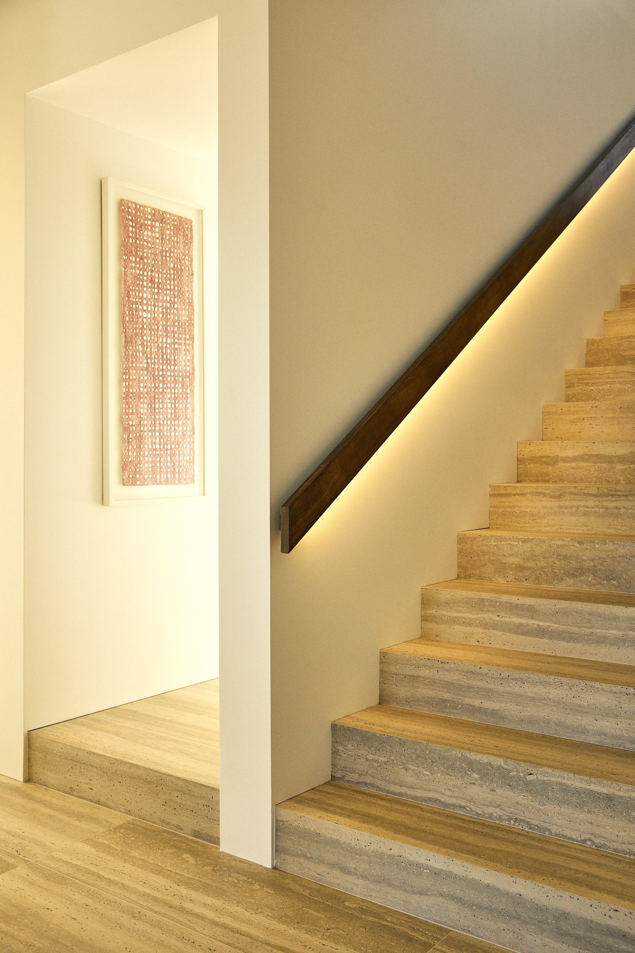 Palme Hus, travertine stair, handrail set into the wall