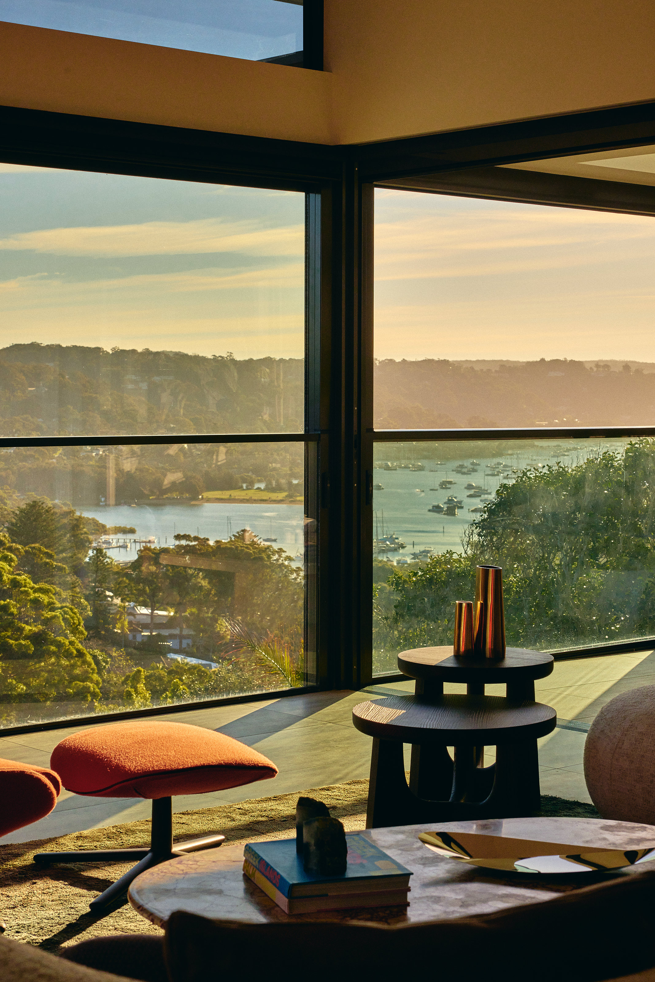 Palme Hus, living room corner glazing, the view down to Pittwater