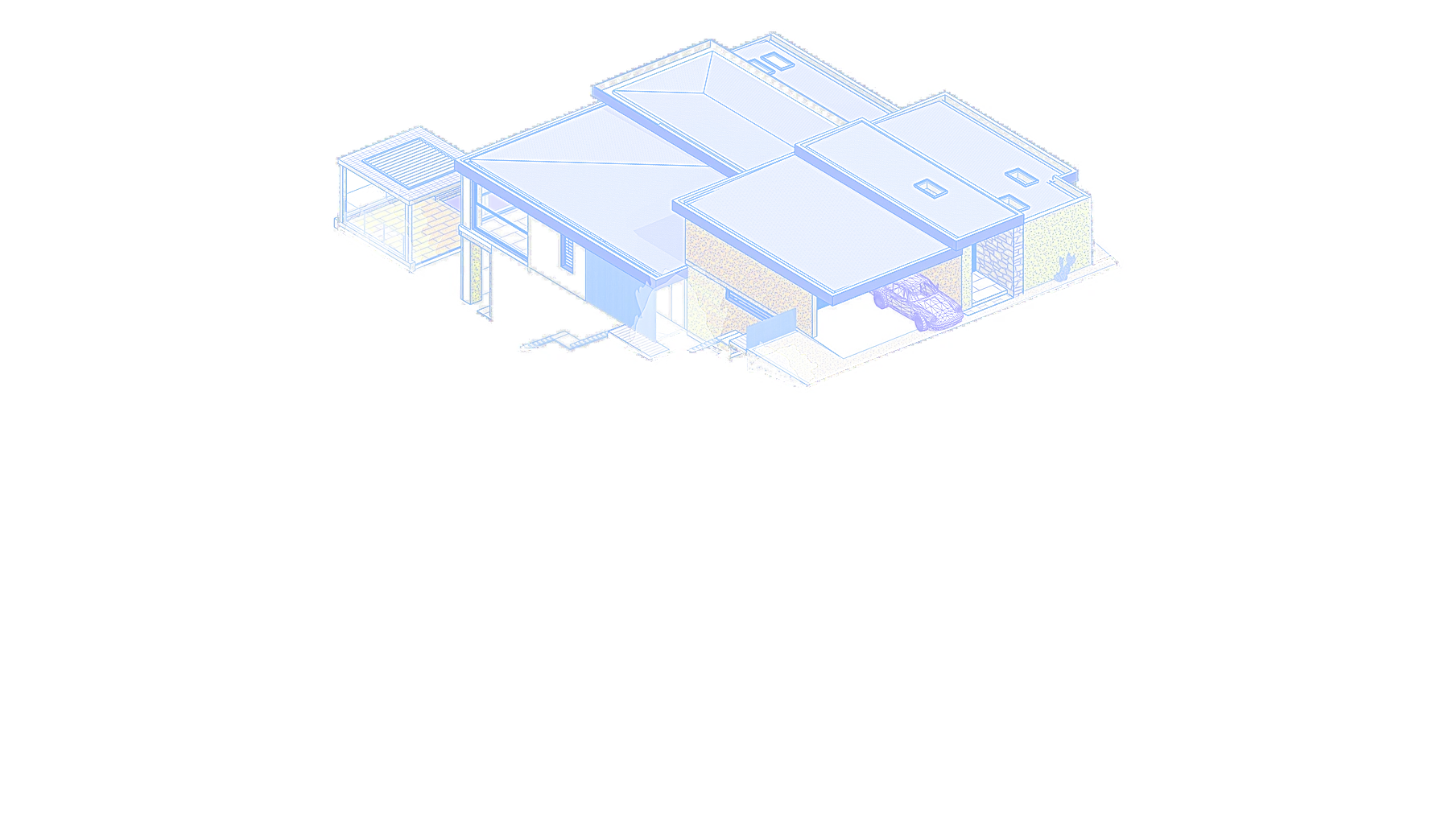 Axonometric from above the street, carport and entry under the roof planes
