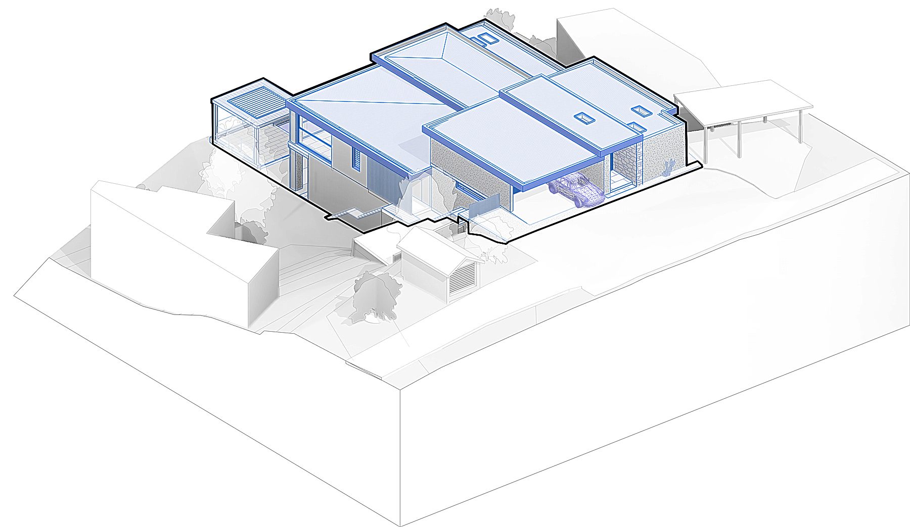 Axonometric from above the street, carport and entry under the roof planes