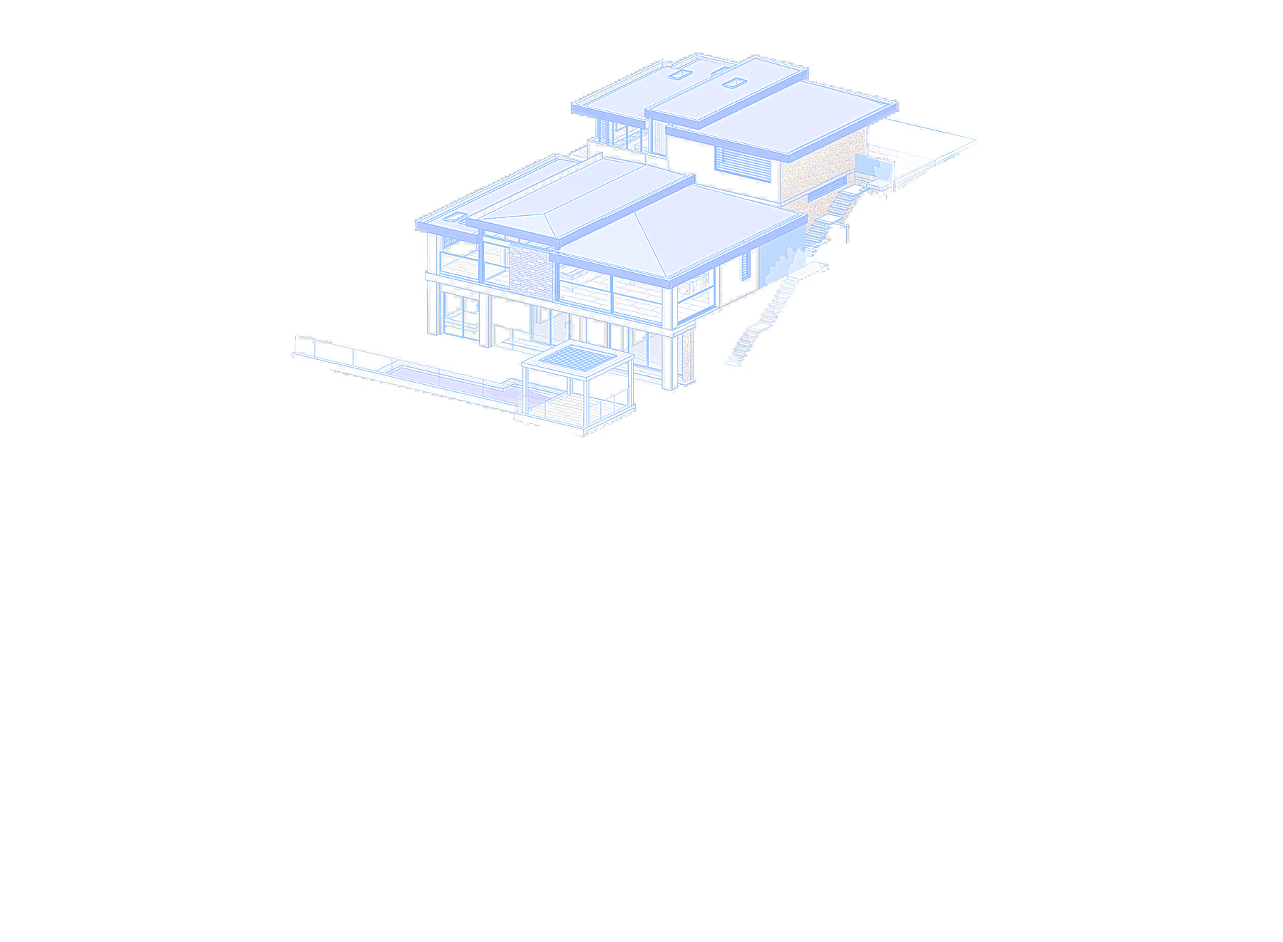 Axonometric from the valley, the house stepping down to the pool terrace