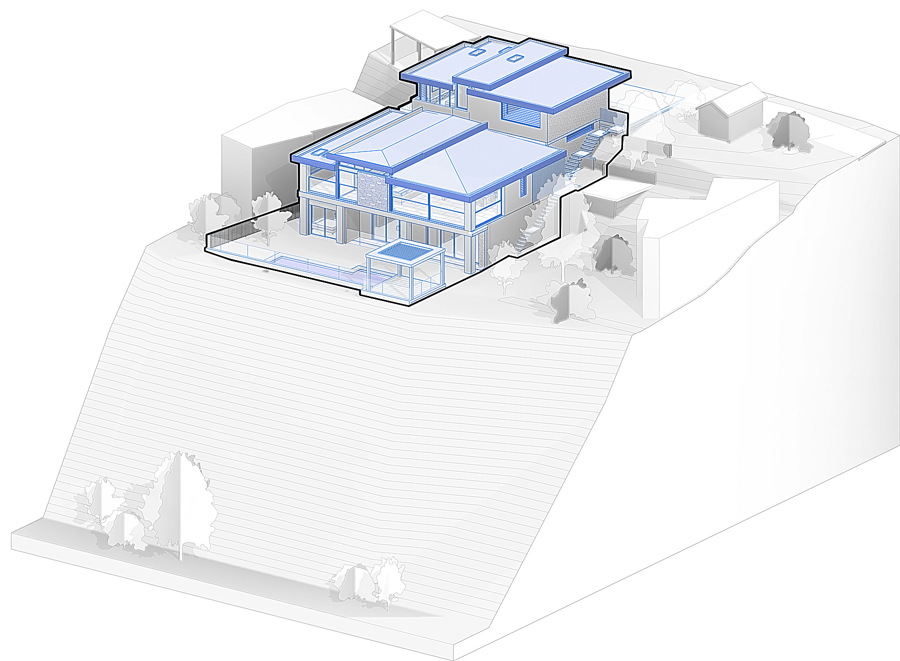 Axonometric from the valley, the house stepping down to the pool terrace