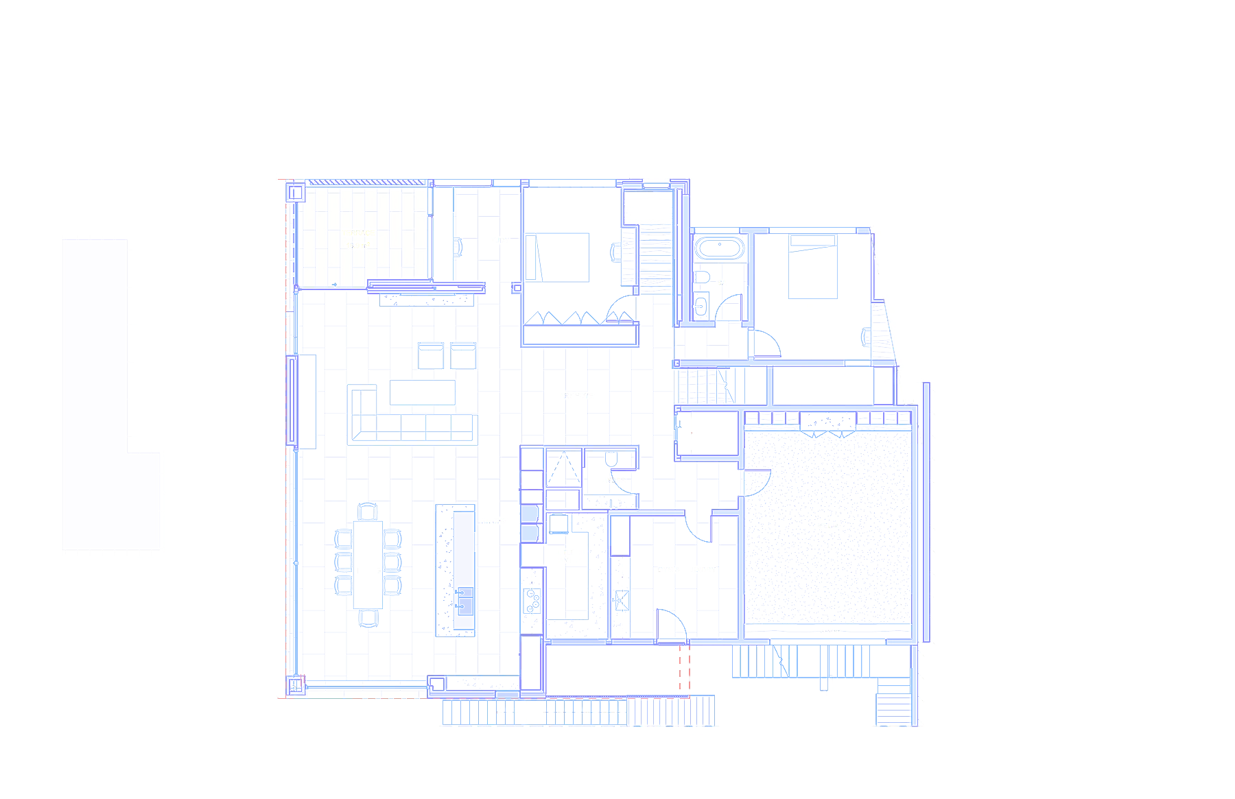 Floor plan, Palme Hus: living, dining and kitchen opening to the terrace, bedrooms behind, media room to the rear