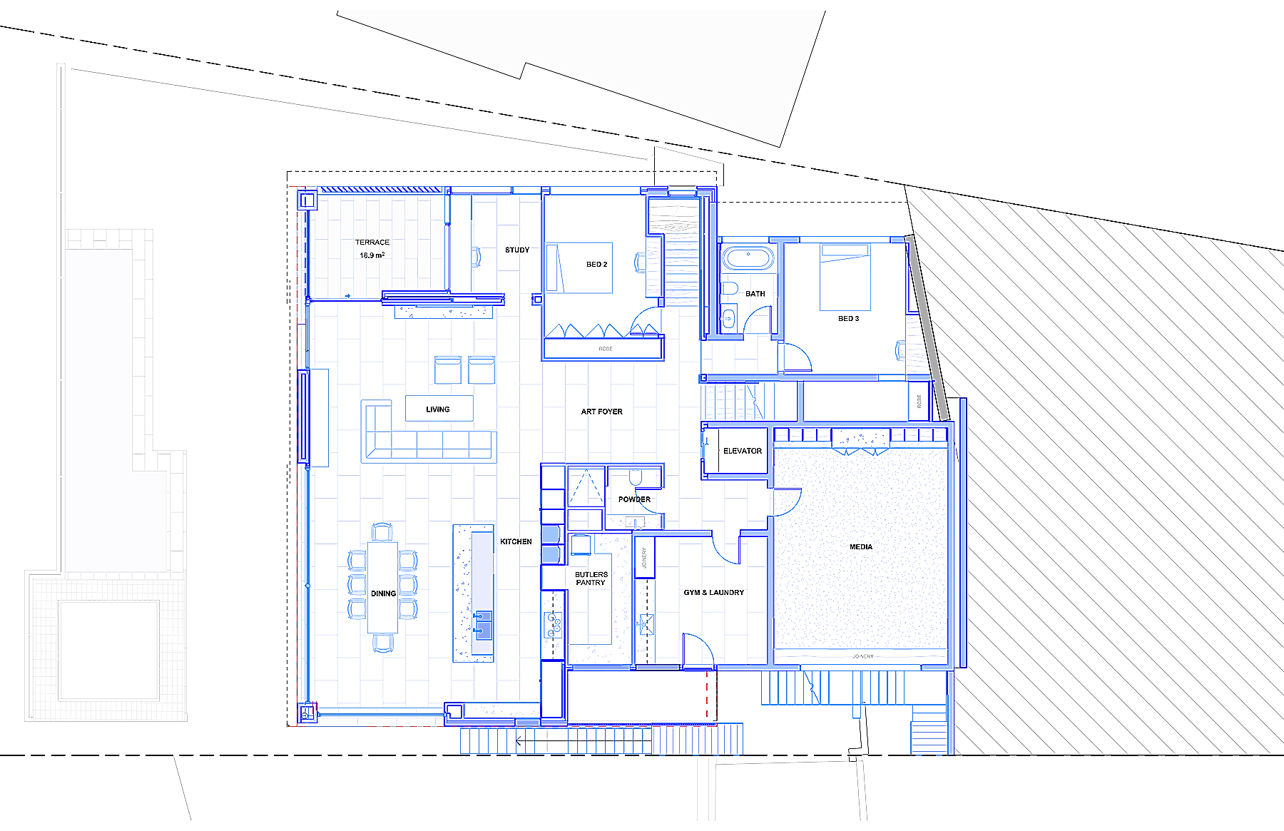 Floor plan, Palme Hus: living, dining and kitchen opening to the terrace, bedrooms behind, media room to the rear